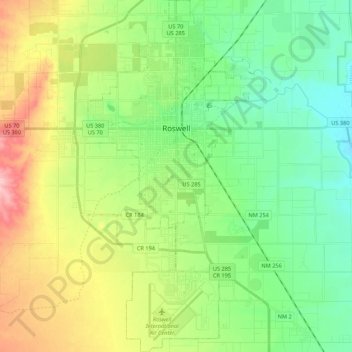 Carte topographique Roswell, altitude, relief