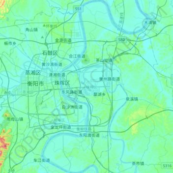 Carte topographique 珠晖区, altitude, relief
