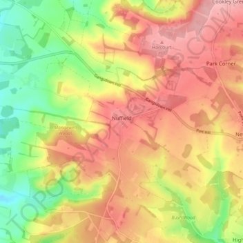 Carte topographique Nuffield, altitude, relief
