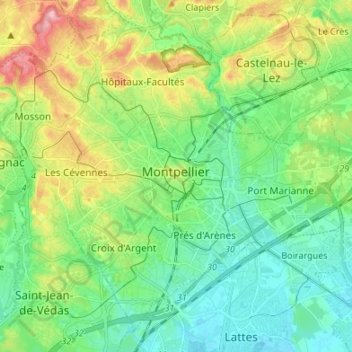 Carte topographique Montpellier, altitude, relief