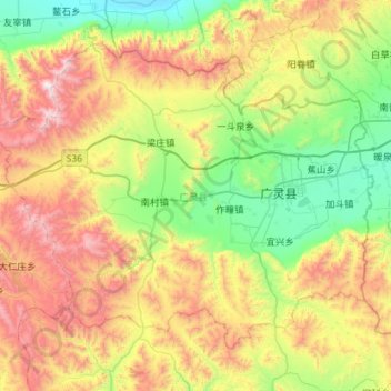 Carte topographique 广灵县, altitude, relief