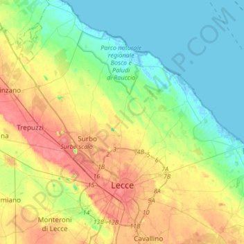 Carte topographique Lecce, altitude, relief