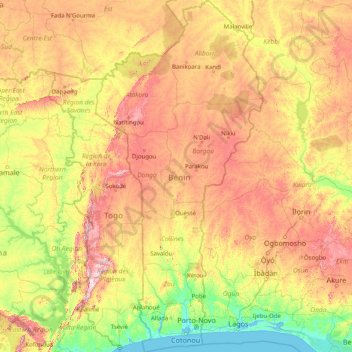 Carte topographique Bénin, altitude, relief