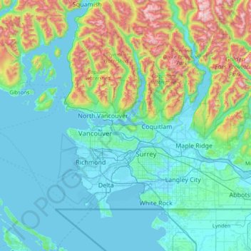 Carte topographique Metro Vancouver Regional District, altitude, relief