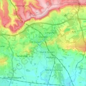 Carte topographique Oxted, altitude, relief