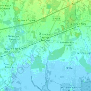 Carte topographique Muzzana del Turgnano, altitude, relief