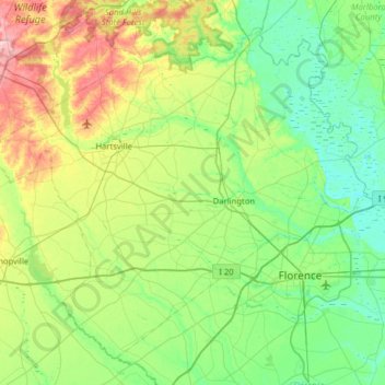 Carte topographique Darlington County, altitude, relief