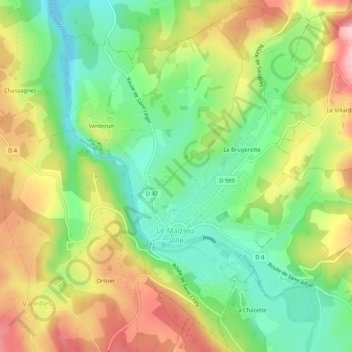 Carte topographique Le Malzieu-Ville, altitude, relief