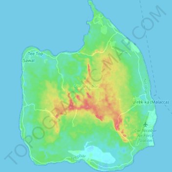 Carte topographique Car Nicobar Island, altitude, relief