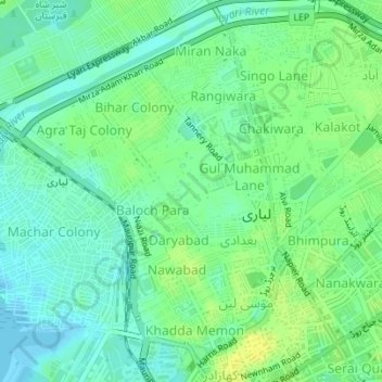 Carte topographique Lyari Town, altitude, relief